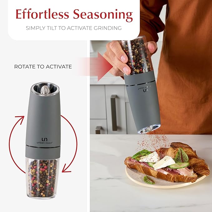 Urban Noon Gravity Salt and Pepper Grinder Set - Battery Operated Electric Grinders with Light (2 Matte Gray Mills) - Automatic One Handed Operation - Electronic Adjustable Shakers - Ceramic Grinders - Image 2