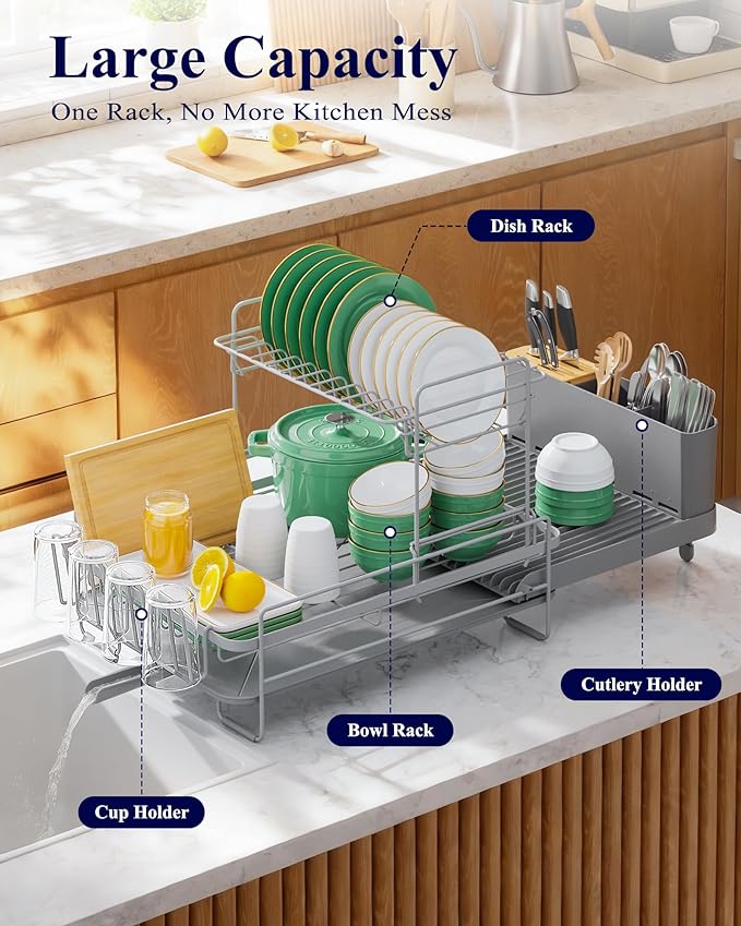 Kitsure Large Dish Drying Rack - Extendable Dish Rack, Multifunctional Dish Rack for Kitchen Counter, Anti-Rust Dish Drainers with Cutlery & Cup Holders 19.2"-26.7" L x 12.9" W x 13.6", Grey - Image 2