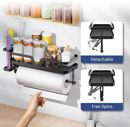 Taozun Paper Towel Holder with Shelf & Side Straw Basket, Black Kitchen Paper Holder Spice Rack Black Paper Towel Roll Holder RV Paper Towel Rack with 4 Hooks