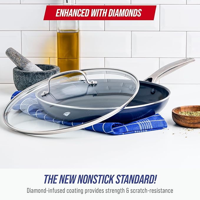 Blue Diamond 12" Nonstick Frying Pan with Lid, Diamond Infused PFAS & PTFE-Free Ceramic Skillet, Dishwasher & Oven Safe, Stay Cool Handle, Durable Non Toxic Metal Utensil Safe, Glass Lid, Blue - Image 2