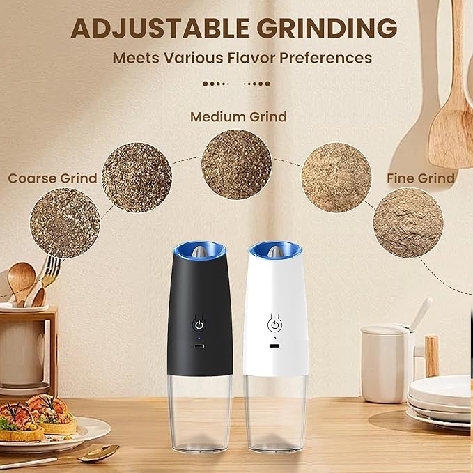 Rechargeable Electric Salt And Pepper Grinder Set, Automatic Gravity Electric Salt And Pepper Grinder Set, Adjustable Roughness, Led Light, 2 Pack, (Black+White) - Image 3