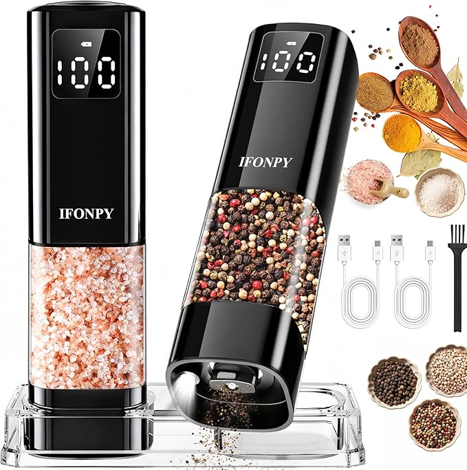 Upgraded Larger Capacity Electric Salt and Pepper Grinder Set Rechargeable with Digital Display, Refillable Electric Pepper Grinder Mill Set with Light & Ceramic Core, Adjustable Coarseness by IFONPY