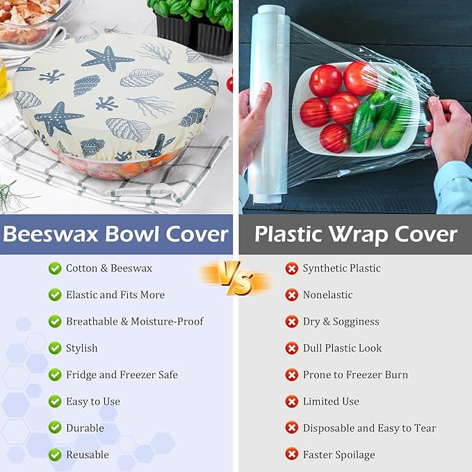 5-Size Reusable Beeswax Bowl Covers for Bread Proofing, Cotton Cloth Flexible Beeswax Wraps for Food Storage(Ocean Series) - Image 7