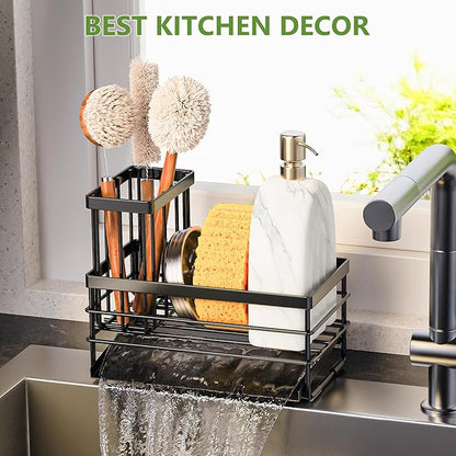 Cisily Sink Caddy Sponge Holder for Kitchen with Brush Holder and Stainless Steel Self Drain Tray, Rustproof Kitchen Sink Organizer for Sponge, Soap Dispenser Storage Accessories (Black) - Image 7