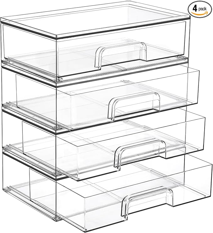 Vtopmart 12.1''W Clear Stackable Storage Drawers,4 Pack Acrylic Plastic Organizers Bins for Makeup Palettes, Cosmetics, and Beauty Supplies,Ideal for Vanity, Bathroom,Cabinet,Desk Organization by Vtopmart