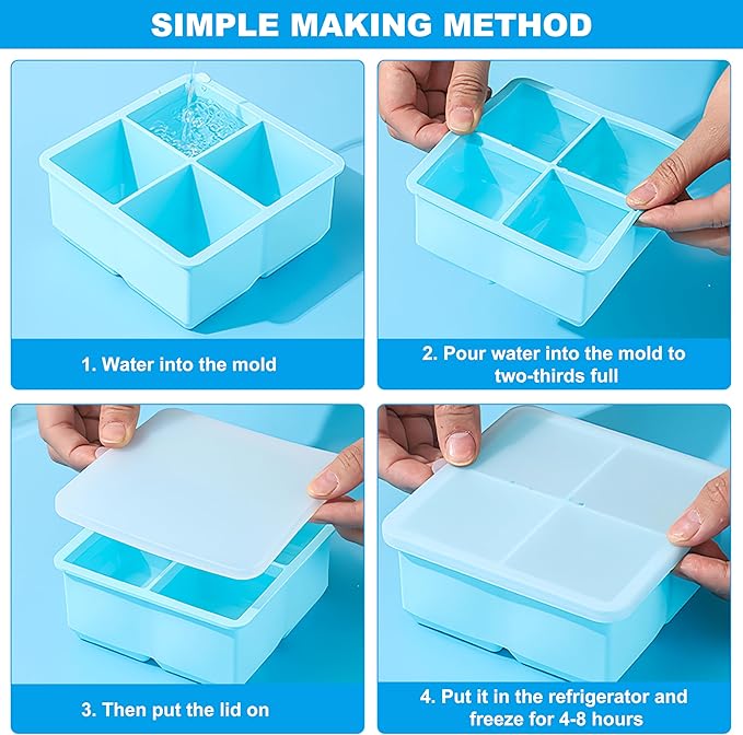 Large Silicone Ice Cube Tray 2Pack, Easy Release 2" Big Ice Cubes,Leak Proof Removable Lid Square Ice Cube Tray for Cocktail，Whiskey，Reusable Stackable Flexible Ice(Blue+Pink) (Blue) - Image 7
