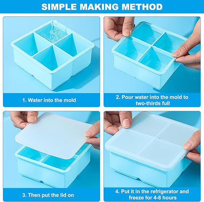 Large Silicone Ice Cube Tray 2Pack, Easy Release 2" Big Ice Cubes,Leak Proof Removable Lid Square Ice Cube Tray for Cocktail，Whiskey，Reusable Stackable Flexible Ice(Blue+Pink) (Blue) - Image 7