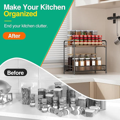 2 Pack Spice Rack Organizer for Countertop with Wood Top, 2-Tier Foldable Metal Rust-Proof Standing Large Seasoning Storage Shelf with Guardrail & Mesh Design for Kitchen Living Room, Black - Image 4