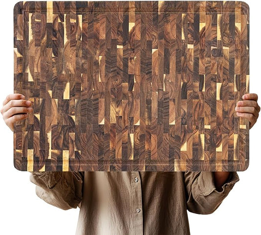 Utoplike Large Acacia Cutting Board 22 x 16 inch, End Grain Largest Wooden Butcher Block for Turkey, Meat, Vegetables, BBQ, Chopping Board with Handle and Single-side Juice Groove, 1.38"Th