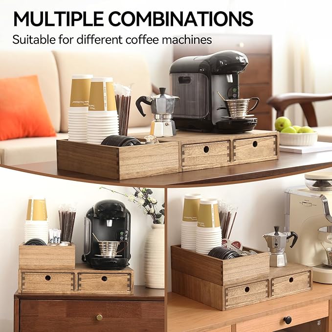 KIRIGEN Wooden Coffee Station Organizer 2-Piece Set - Coffee Bar Storage with Drawers for Sugar, Tea - Coffee Pod Holder and Accessories Organizer for Kitchen Counter Brown KFJTZ-DBR - Image 6