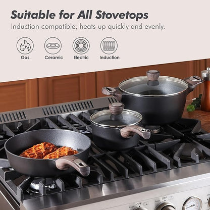 SENSARTE Pots and Pans Set Non stick, Non toxic Healthy Induction Cookware Sets, 14 Pcs Non Stick Kitchen Cooking Set with Frying Pans Set & Saucepan, PFOA PFOS APEO Free, Black - Image 5