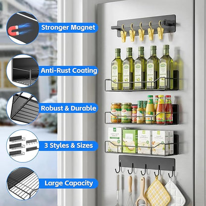 Magnetic Spice Rack for Refrigerator, 5 Pack Magnetic Fridge Organizer Shelves, Strong Magnet, No Drilling, Space Saving Shelf Organizer for Kitchen, Refrigerator & Laundry Room Storage (Grey)