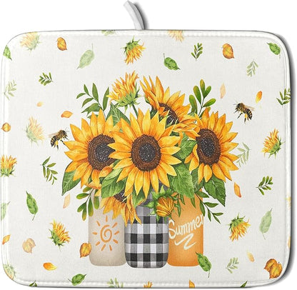 Giwawa Sunflower Vases Dish Drying Mat for Countertop, 16"x18" Summer Bee Floral Mason Jar Dish Drainer Mats, Fast Dry Microfiber Reversible Small Dish Drying Pad Kitchen Decoration