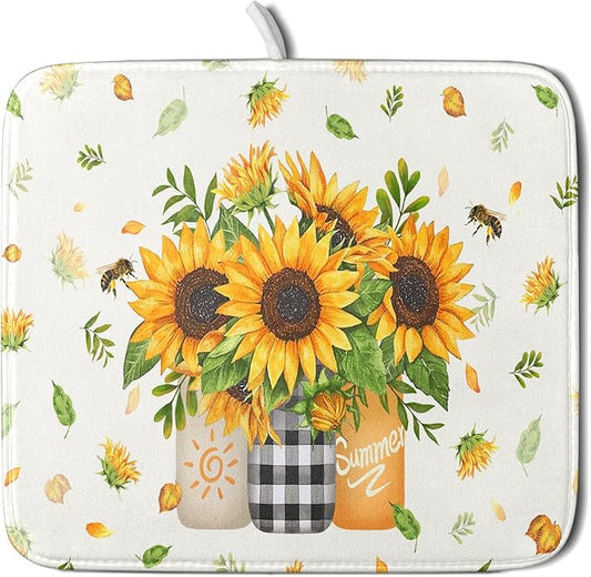 Giwawa Sunflower Vases Dish Drying Mat for Countertop, 16"x18" Summer Bee Floral Mason Jar Dish Drainer Mats, Fast Dry Microfiber Reversible Small Dish Drying Pad Kitchen Decoration