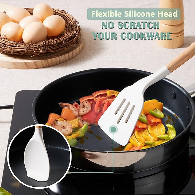 E-far Silicone Cooking Utensils Set, 446℉ Heat Resistant 10PCS Kitchen Utensils Set with Wooden Handle for Nonstick Cookware, Kitchen Tools Spatula Whisk Tongs Ladle, Non-toxic & Healthy, White - Image 4