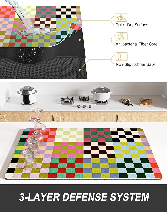 Rnivvi Dish Drying Mat for Kitchen Counter, XL 15 x 24" Cute Checkered Absorbent Draining Pad, Non-Slip Heat Resistant Coffee Bar Mats for Coffee Machine Station Accessories, Colorful Dish Rack Pad - Image 4