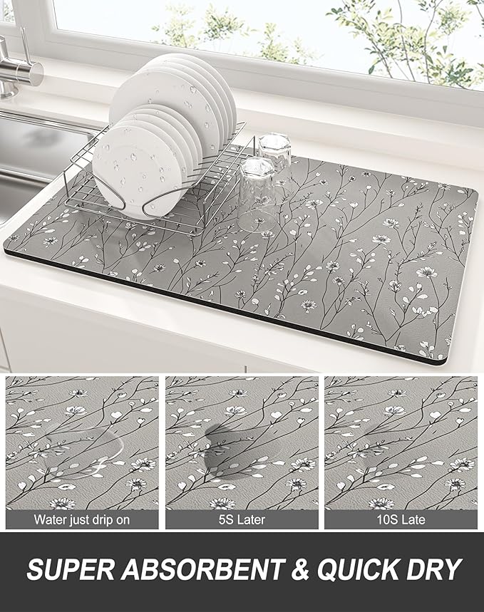 Rnivvi Dish Drying Mat for Kitchen Counter, XL 15 x 24" Cute Flower Theme Absorbent Draining Pad, Non-Slip Heat Resistant Coffee Bar Mats for Coffee Machine Station Accessories, Grey Dish Rack Pad - Image 3