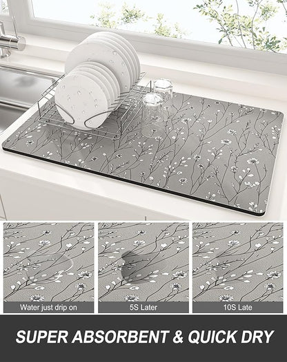 Rnivvi Dish Drying Mat for Kitchen Counter, XL 15 x 24" Cute Flower Theme Absorbent Draining Pad, Non-Slip Heat Resistant Coffee Bar Mats for Coffee Machine Station Accessories, Grey Dish Rack Pad - Image 3