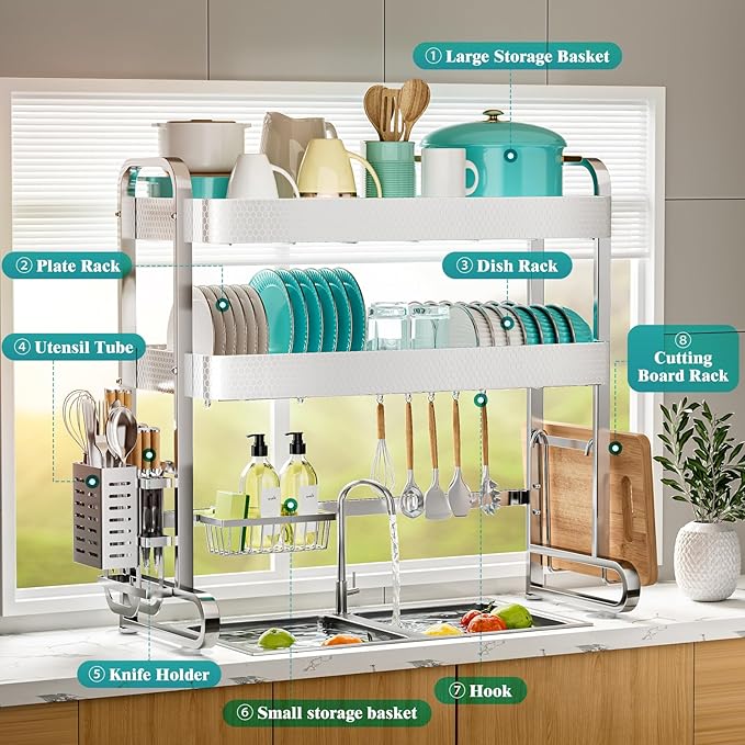 HOWDIA 3-Tier Over The Sink Dish Drying Rack, 304 Stainless Steel Dish Rack with Honeycomb Design, Cutlery Holder & Chopping Board Rack, 33.86” x 11.81” x 33.07” for Maximum Kitchen Storage - Image 5