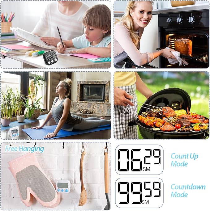 Weewooday 2 Pcs Digital Kitchen Timer Magnetic Timer Bulk On/Off Switch Minute Second Count up Countdown Loud Alarm for Exercise Cook Baking (White) - Image 7