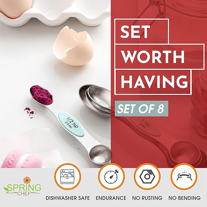 Spring Chef Stainless Steel Magnetic Measuring Spoons Set of 8 with Leveler, Nesting Metal Teaspoon & Tablespoon Measuring Spoons, Kitchen Gadgets for Baking & Cooking, Fits in Spice Jars - Mint - Image 3