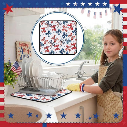 Breling Patriotic Dish Drying Mat 4th of July Kitchen Drying Mat 16 x 18 Inch Red Blue and White Bow Dish Pad Microfiber Non-slip Mats for 250th Anniversary Kitchen Decor Independence Day Accessories