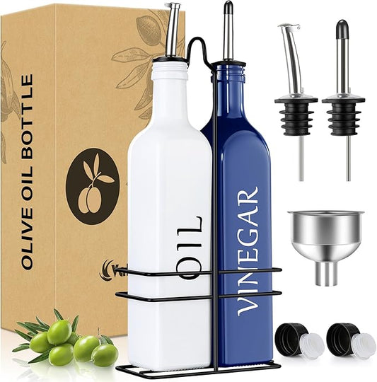 Vakoo Oil and Vinegar Dispenser Set - 17oz/500ml, Extra Thick Glass, Leak-Proof, Olive Oil Dispenser Bottle for Kitchen (White Blue) by Vakoo