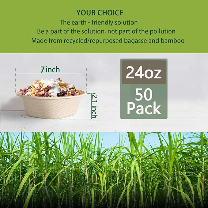 Homestockplus [50 Pack] 24 Oz Disposable Paper Bowls - Heavy Duty Disposable Bowls - Made from Natural Bagasse for Cereal, Rice, French Fries - Convenient and Compostable - Image 3