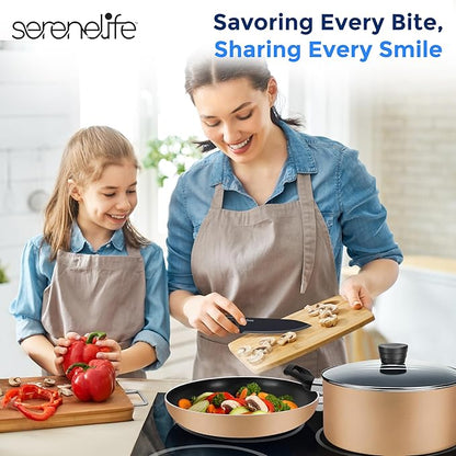 SereneLife 20 pc Basic Kitchenware Set - Durable Non-Stick Pots & Pans with Tempered Glass Lids, Utensils, Knife Set, Gold - SLCW20GLD - Image 7