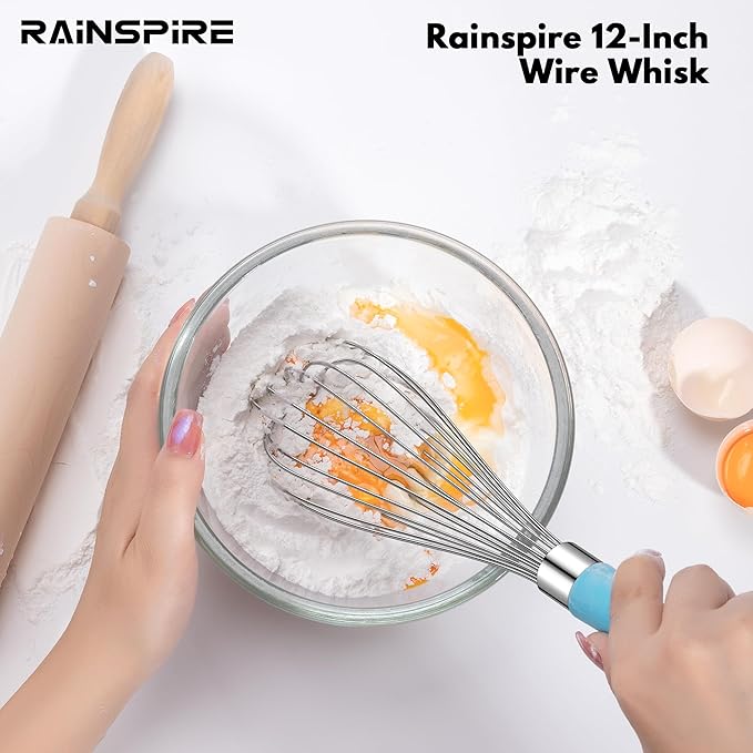 Rainspire 12-Inch Wire Whisk Stainless Steel, Balloon Whisks for Cooking, Wisk Wisking Tool With Soft Silicone Handle, Thick Durable Whisker for Blending, Beating, Whisking, Stirring, Blue - Image 6