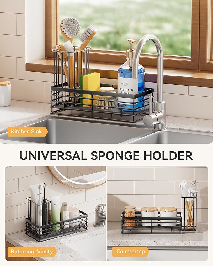 Yofidra Sponge Holder for Kitchen Sink, Sink Caddy Organizer with Stone Drying Mat, Kitchen Countertop Organizers and Storage Essentials, 304 Stainless Steel (Black, 9.3″) - Image 4