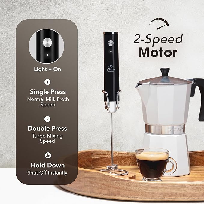 Zulay Kitchen Rechargeable Milk Frother Handheld - Lux 4 Whisks, Powerful 2-Speed Motor, Waterproof, 2000mAh Battery - Drink Mixer for Latte, Cappuccino, Matcha & Protein Powder - Jet Black - Image 4