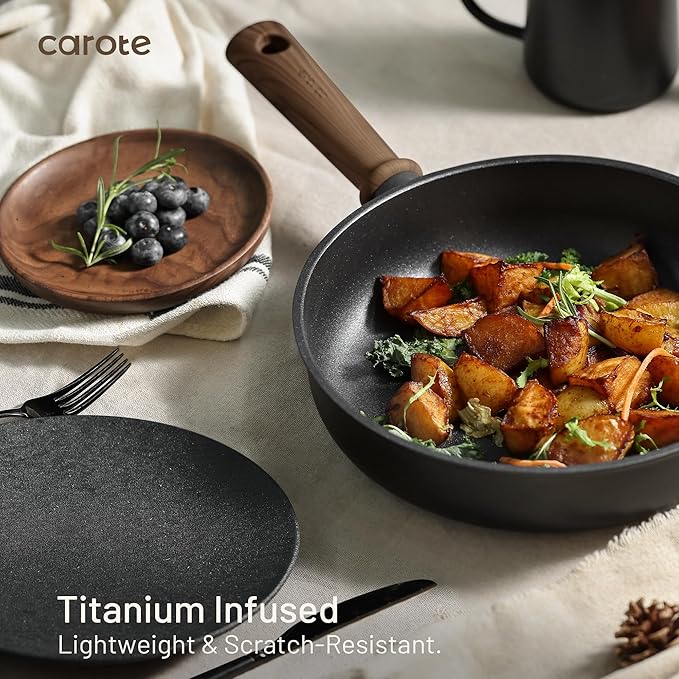 CAROTE 24Pcs Nonstick Kitchen Titanium Cookware Sets, Non stick Pots and Pans set, Induction Cookware Set Black - Image 5