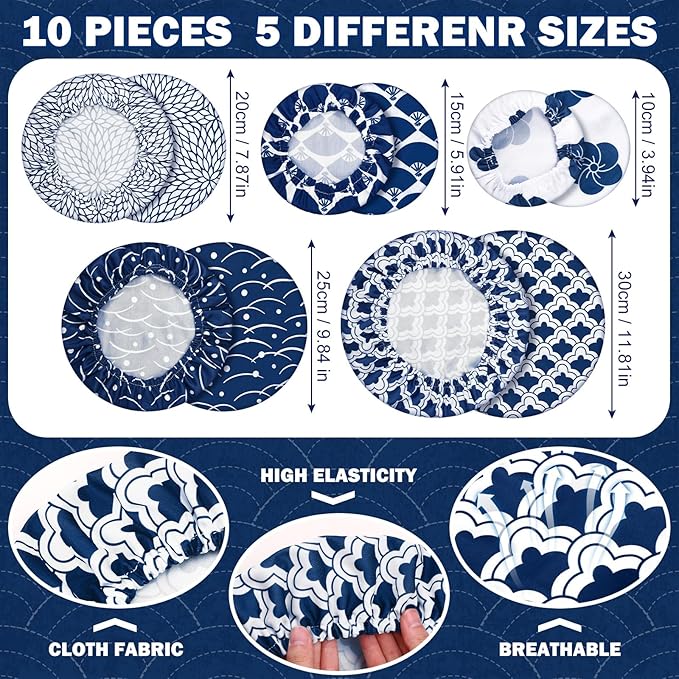 Patelai 10 Pcs Bowl Covers Reusable in 5 Size Stretch Cloth Fabric Elastic Food Storage Bowl Covers Bread Sourdough Lids for Proofing Food Fruits Leftover(Blue White,Japanese) - Image 2