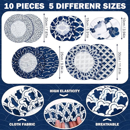 Patelai 10 Pcs Bowl Covers Reusable in 5 Size Stretch Cloth Fabric Elastic Food Storage Bowl Covers Bread Sourdough Lids for Proofing Food Fruits Leftover(Blue White,Japanese) - Image 2