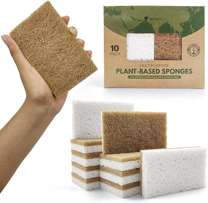 AIRNEX Biodegradable Natural Kitchen Sponges Pack of 6 - Cellulose and Coconut Walnut Scrubber Sponge - Eco Friendly Sponges for Dishes by Airnex