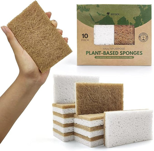 AIRNEX Biodegradable Natural Kitchen Sponges Pack of 6 - Cellulose and Coconut Walnut Scrubber Sponge - Eco Friendly Sponges for Dishes by Airnex