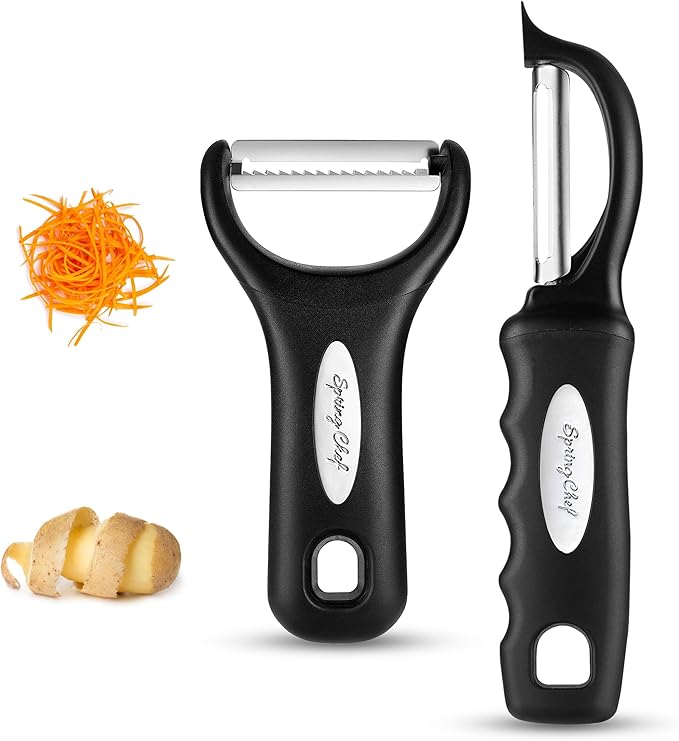 Spring Chef Swivel & Vegetable Julienne Peeler Set for Kitchen with Stainless Steel Sharp Blades - Potato Peelers with Soft Grip Handles & Blade Covers - Perfect for Carrot, Zucchini, Cucumber - Black by SpringChef