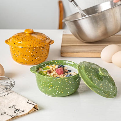 Oven-Safe 4-Pack Mini Ceramic Casserole Dishes (10 Oz Each) - With Lids & Handles - Ideal for Souffle, Soup, Cobbler, Stoneware Baking Ramekins for Individual Servings,Green
