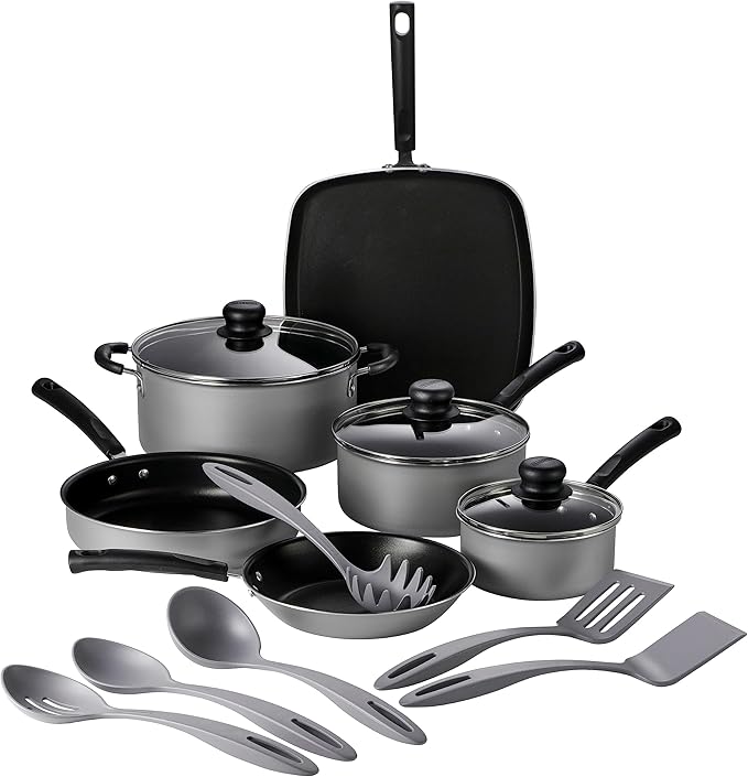 Tramontina Primaware 15-Piece Non Stick Cookware Set with Lids and Utensils, Aluminum Nonstick Pots and Pans Kitchen Set (Silver) by Tramontina