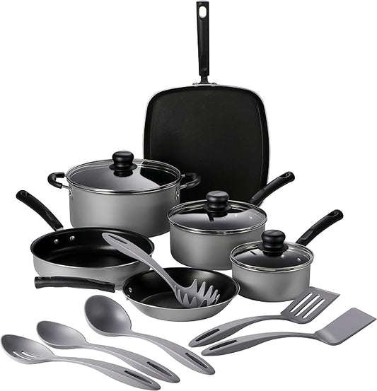 Tramontina Primaware 15-Piece Non Stick Cookware Set with Lids and Utensils, Aluminum Nonstick Pots and Pans Kitchen Set (Silver) by Tramontina