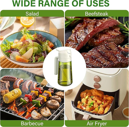 Vakoo Oil Sprayer for Cooking, 2 in 1 Oil Dispenser for Kitchen, 16oz/470ml Light-Blocking Dark Glass Olive Oil Spray Bottle, Air Fryer, Salad & BBQ (Green&White)