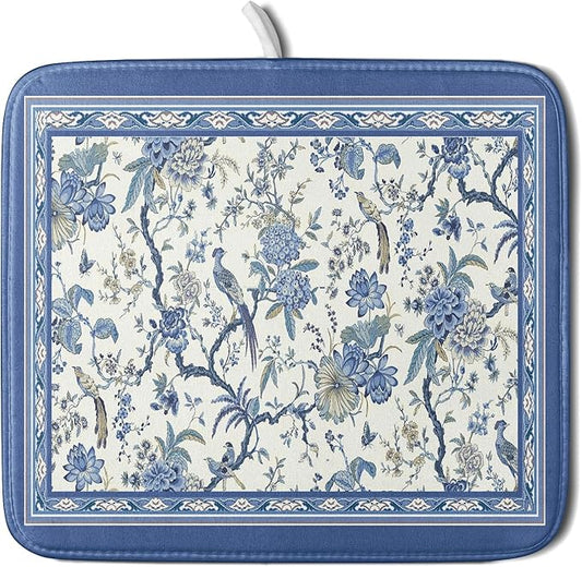 Giwawa Chinoiserie Dish Drying Mat 16x18in Blue White Oriental Floral Birds Kitchen Drainer Mats Porcelain Flowers Reversible Microfiber Dish Drying Pad Small for Countertop Home Decor