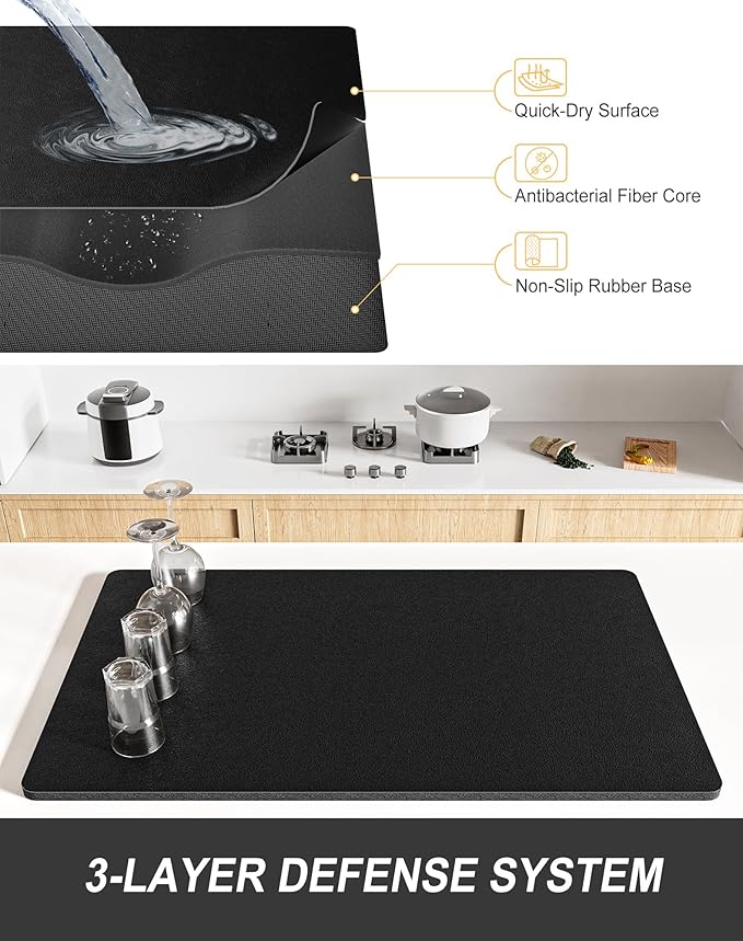 Rnivvi Dish Drying Mat for Kitchen Counter, 12 x 19" Super Absorbent Drainer Pad Easy Clean Dish Rack Pad, Non-Slip Heat Resistant Coffee Bar Mats for Coffee Machine Station Accessories Decor, Black - Image 4