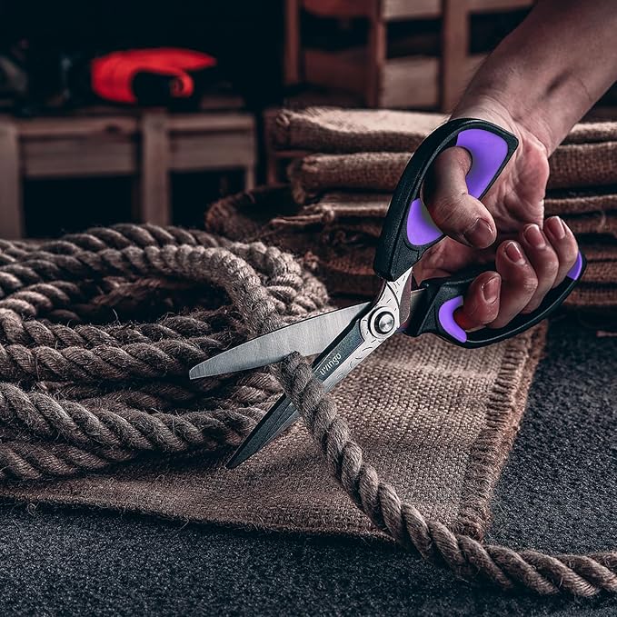 LIVINGO Heavy Duty Industrial Scissors: 10" Utility Stainless Steel Scissors all Purpose Premium Titanium Coating Forged Shop Shears for Household Pruning, Gardening, Construction, Black & Purple - Image 6