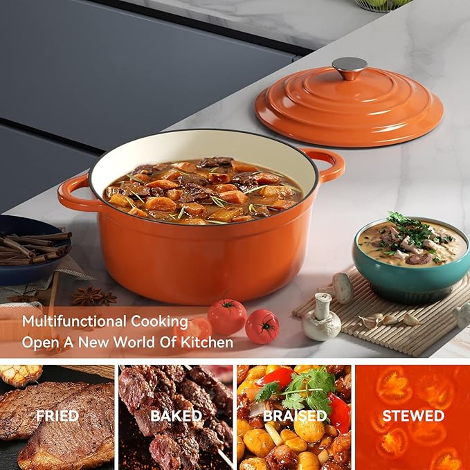 Miereirl 4.5 Quart Enameled Dutch Oven Pot with Lid, Cast Iron Dutch Oven with Dual Handles for Bread Baking, Cooking, Non-stick Enamel Coated Cookware (Orange) - Image 4
