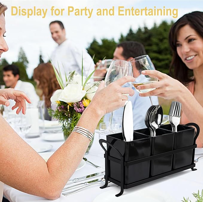 ECOIOU Cutlery Holder with Drain Holes, Dishwasher Safe Silverware Caddy for Party, Kitchen Counter, 3pcs Bins Set Countertop Utensil Holder for Spoons, Forks and Knives, Black - Image 5