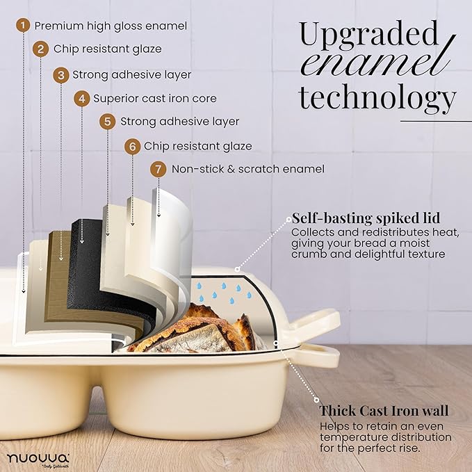 Dutch Oven For Sourdough Bread Baking – Enamelled Cast Iron Bread Loaf Pot – 500°F Oven Safe Non Stick Bread Pot – Double Round Loaf Space, 16.5cm Diameter, Cream, – by Nuovva - Image 5
