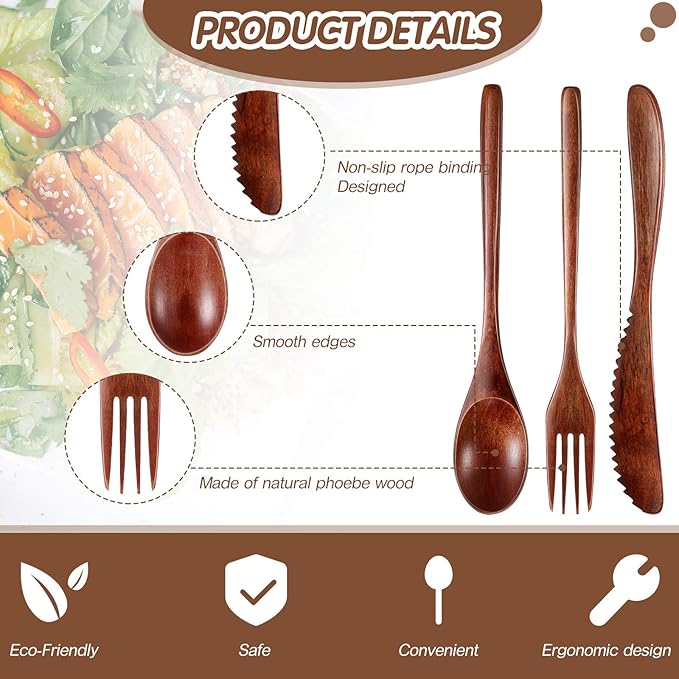 Geiserailie 24 Pcs Wooden Utensils for Eating Wooden Spoon Fork Knife Cutlery Set Kitchen Wood Dinner Flatware Tableware Set Includes Spoon, Fork, Knife - Image 3