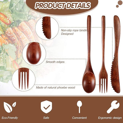 Geiserailie 24 Pcs Wooden Utensils for Eating Wooden Spoon Fork Knife Cutlery Set Kitchen Wood Dinner Flatware Tableware Set Includes Spoon, Fork, Knife - Image 3